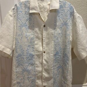 Tommy Bahama Linen Cream and Blue Patterned Shirt